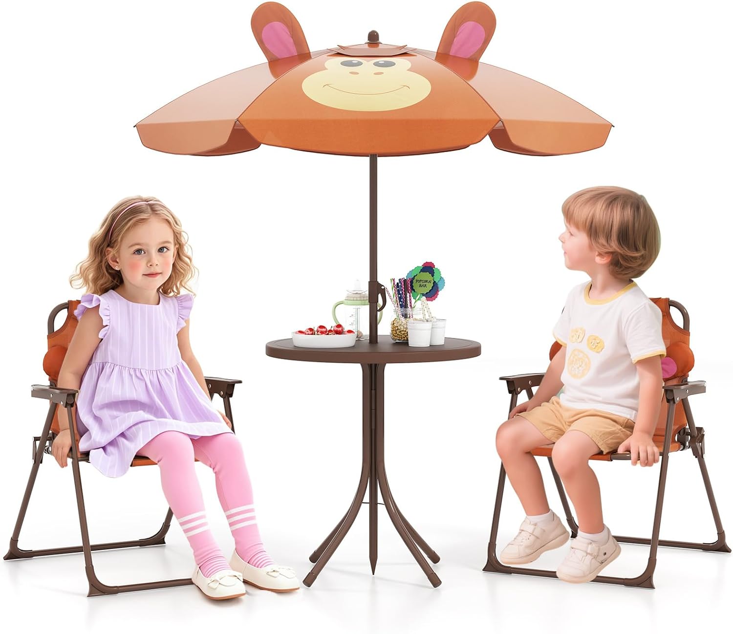 Set Tavolo da Giardino Bambini con 2 Sedie Pieghevoli, Tavolino da Esterno con Ombrellone in Poliestere Regolabile in Altezza, Set Mobili da Giardino per Bambini 3-6 Anni (Scimmia, Marrone)