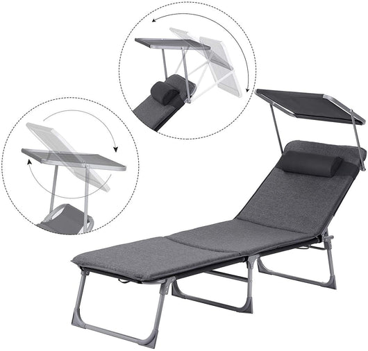 Chaise longue sdraio relax con materasso da 3 cm cuscino schienale e ombrellone reclinabile pieghevole 53 x 193 x 295 cm portata 150 kg per giardino grigio scuro 12_0001104