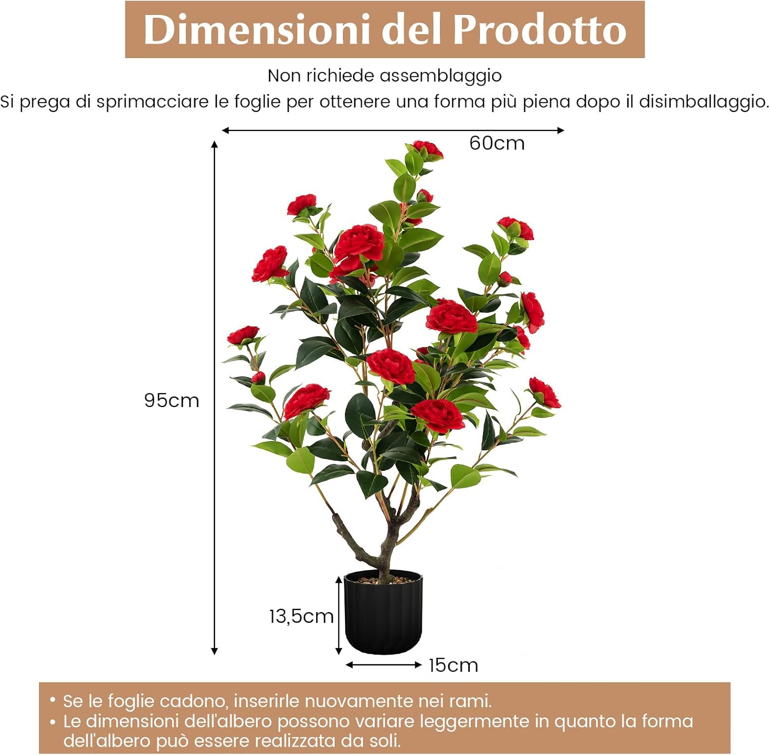Albero di Camelia Artificiale da 95 cm, Pianta Artificiale con Fiori Finti in Vaso di Cemento, Decorazione per Casa e Ufficio (Rosso)