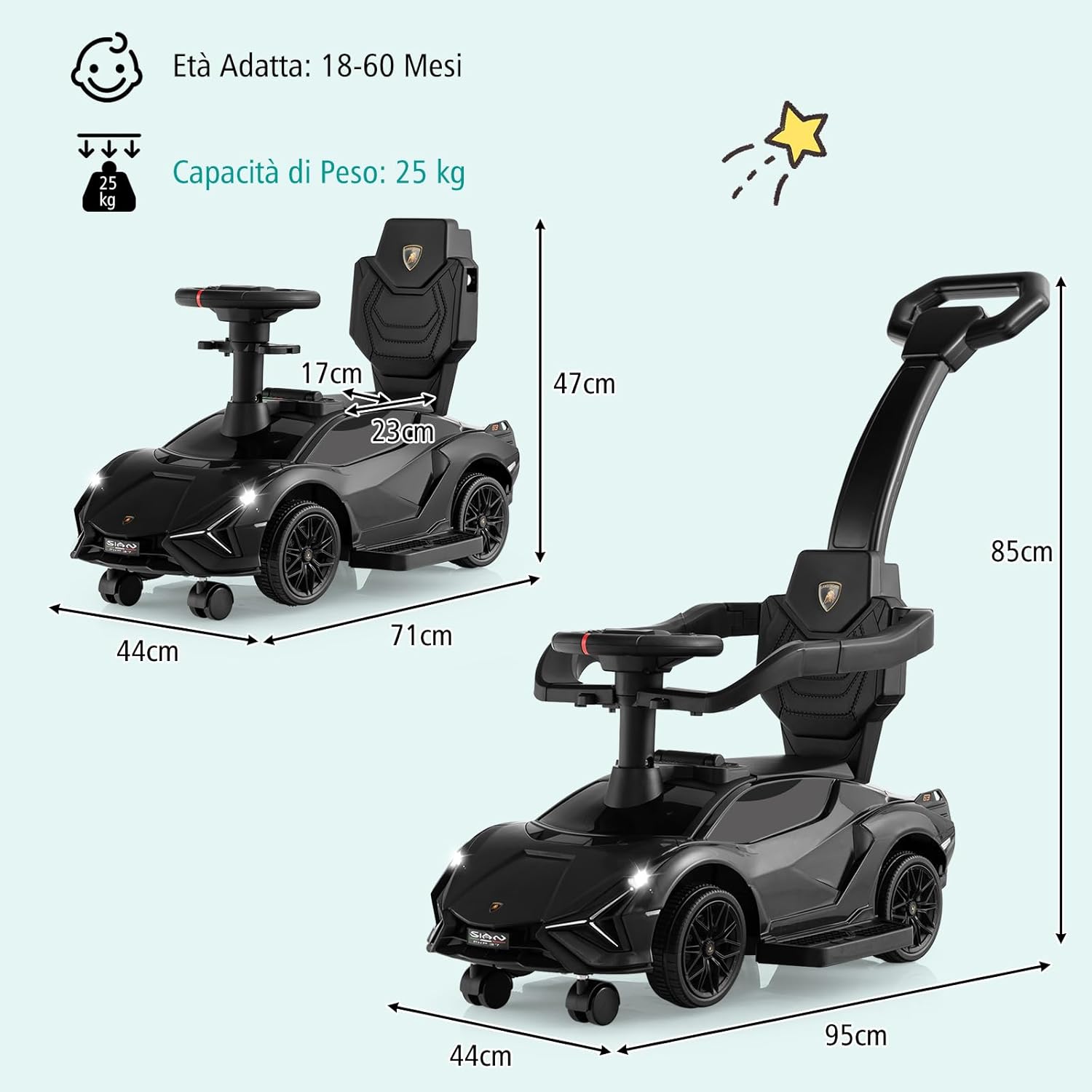 3 in 1 Auto da Spinta, Auto Scorrevole con Paracolpi e Manubrio Rimovibili Musica e Fari, Spazio di Stoccaggio Nascosto e Ruote Universali Staccabili, Bambini 18-24 Mesi (Nero)