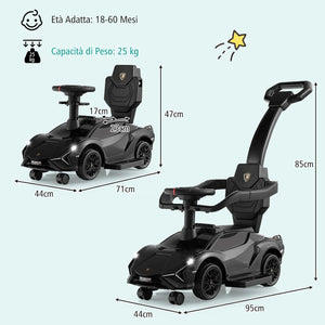 3 in 1 Auto da Spinta, Auto Scorrevole con Paracolpi e Manubrio Rimovibili Musica e Fari, Spazio di Stoccaggio Nascosto e Ruote Universali Staccabili, Bambini 18-24 Mesi (Nero)