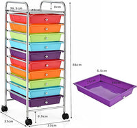 Carrello con 10 Cassetti da Stoccaggio, Cassettiera di Metallo e Plastica, Contenitore Multiuso con Ruote a Freno, per Casa e Ufficio (Arcobaleno Scuro)