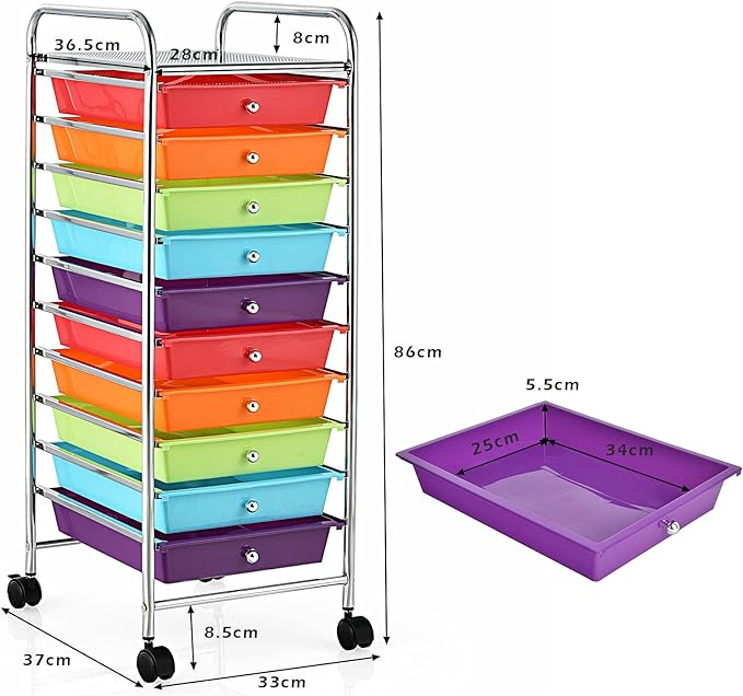 Carrello con 10 Cassetti da Stoccaggio, Cassettiera di Metallo e Plastica, Contenitore Multiuso con Ruote a Freno, per Casa e Ufficio (Arcobaleno Scuro)
