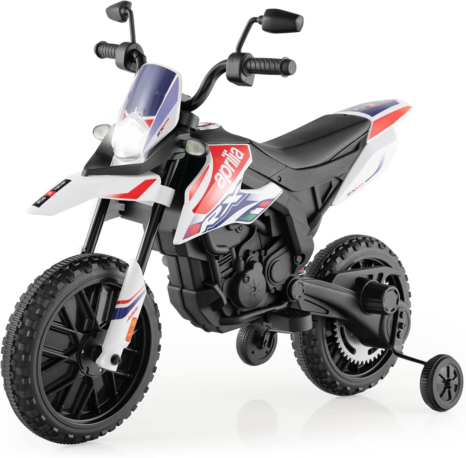 12V Aprilia Moto Cavalcabile per Bambini, Motocicletta Elettrica con Ruote Ausiliarie e Musica Wireless, Sospensione a Molla, Moto Elettrica alla Moda per Bambini 3-8 Anni (Bianco)