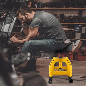 Sgabello da Officina, Sgabello Meccanico Rotante con Vassoio Porta Attrezzi, Regolabile in Altezza e 4 Ruote Universali, Capacità di 150 kg, per Garage, Officina (Giallo)