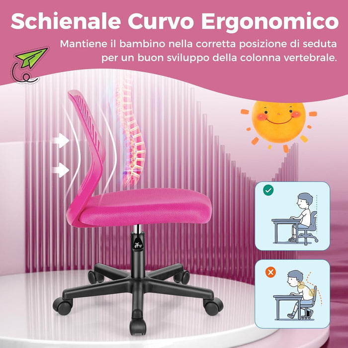 Sedia da Scrivania Ergonomica per Bambini, Sedia per Computer in Rete per Bambini con Ruote Universali, Regolabile in Altezza, Senza Braccioli, Sedia da Studio per Bambini(Rosa)