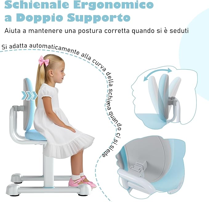 Sedia da Scrivania per Bambini 3+ Anni, Sedia Imbottita per Studiare con Doppio Supporto Lombare e Altezza Regolabile, Chair da Compiti per Casa e Scuola, Portata 100 kg (Blu)