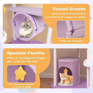 Tiragraffi per Gatti 158cm, Albero per Gatti con Multi Livelli, Struttura in Metallo, Trespolo Superiore e Piattaforme per Salti, Torre per Animali Interno, Viola, Bianco e Giallo