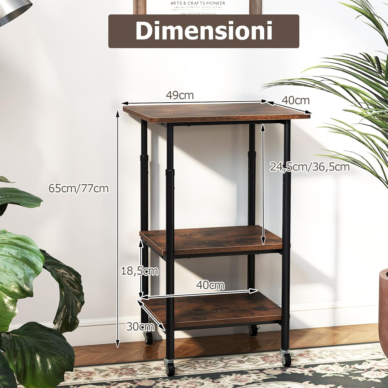 Supporto per Stampante, Carrello Stampante a 3 Livelli con Ripiani di Stoccaggio e Ruote con Blocco, Altezza Regolabile, per Stampante 3D Scanner Fax, 49 x 40 x 65/77 cm (Marrone)