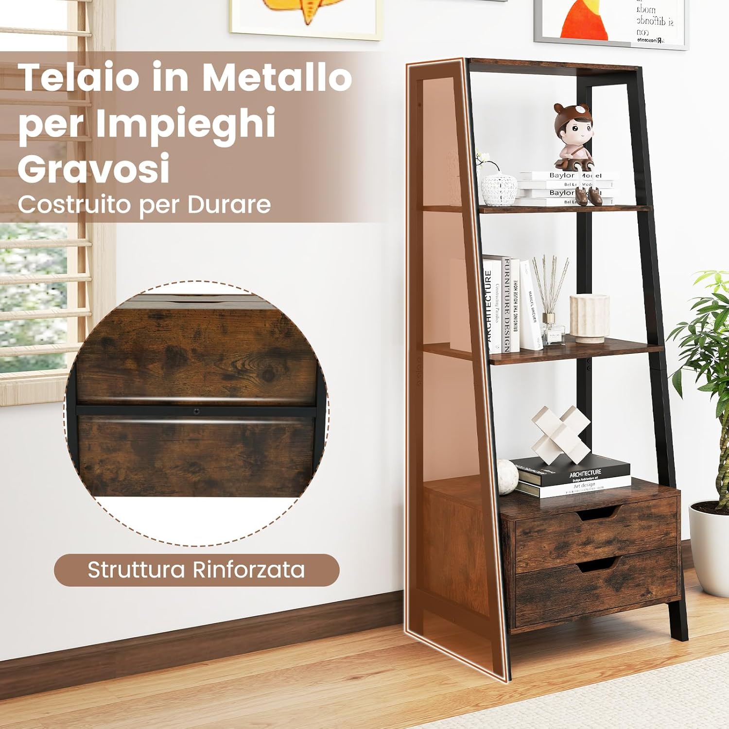 Scaffale a Scala, Libreria in Legno a 4 Ripiani con 2 Cassetti, Scaffale Salvaspazio da Terra per Camera da Letto, Studio, Ufficio e Soggiorno, 52 x 39,5 x 134 cm (Marrone)