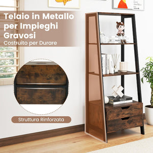 Scaffale a Scala, Libreria in Legno a 4 Ripiani con 2 Cassetti, Scaffale Salvaspazio da Terra per Camera da Letto, Studio, Ufficio e Soggiorno, 52 x 39,5 x 134 cm (Marrone)
