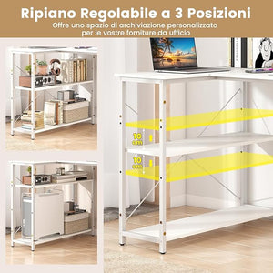 Scrivania Angolare a Forma di L, Scrivania ad Angolo Salvaspazio e Reversibile con Ripiano Regolabile e Struttura in Metallo Resistente, Tavolo per Ufficio e Casa (Bianco)