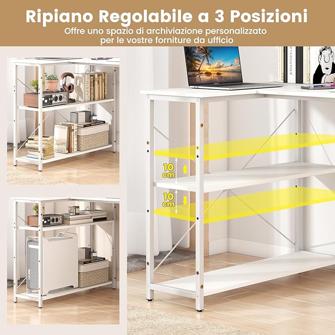 Scrivania Angolare a Forma di L, Scrivania ad Angolo Salvaspazio e Reversibile con Ripiano Regolabile e Struttura in Metallo Resistente, Tavolo per Ufficio e Casa (Bianco)