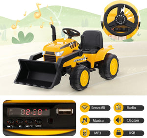 12 V Escavatore per Bambini, con Telecomando, Benna di Scavo Regolabile Musica e Fari a LED, Ruspa Elettrica per Bambini di 3-8 Anni, Giallo