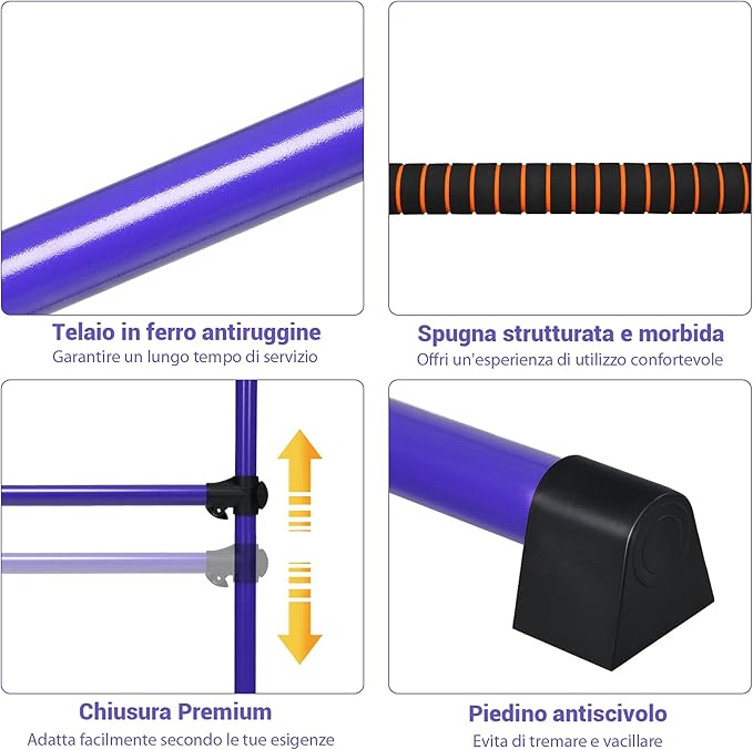 Sbarra da Balletto Doppia in Metallo, Portatile e Regolabile in Altezza con Cuscinetti Antiscivolo e Base Girevole, Ideale per Allenamento Stretch, Carico Massimo 50 kg