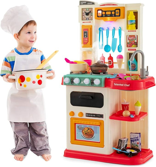 65 Pezzi Cucina Giocattolo per Bambini, Mini Cucina con Finto Vapore Cappa Aspirante, Rubinetto con Acqua Corrente, Canzoni, Luci e Suoni Realistici, 3 Anni+, 45 x 26 x 79 cm (Rosa)