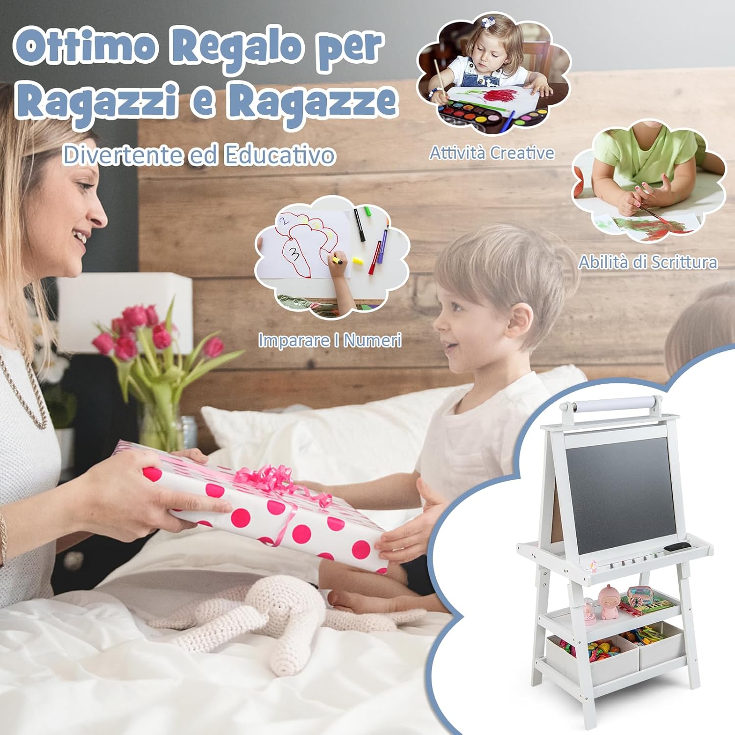 3 in 1 Cavalletto per Bambini con Doppia Faccia, Cavalletto per Disegno con 2 Vassoi e 2 Scatole, Lavagna Bambini in Legno (Bianco)