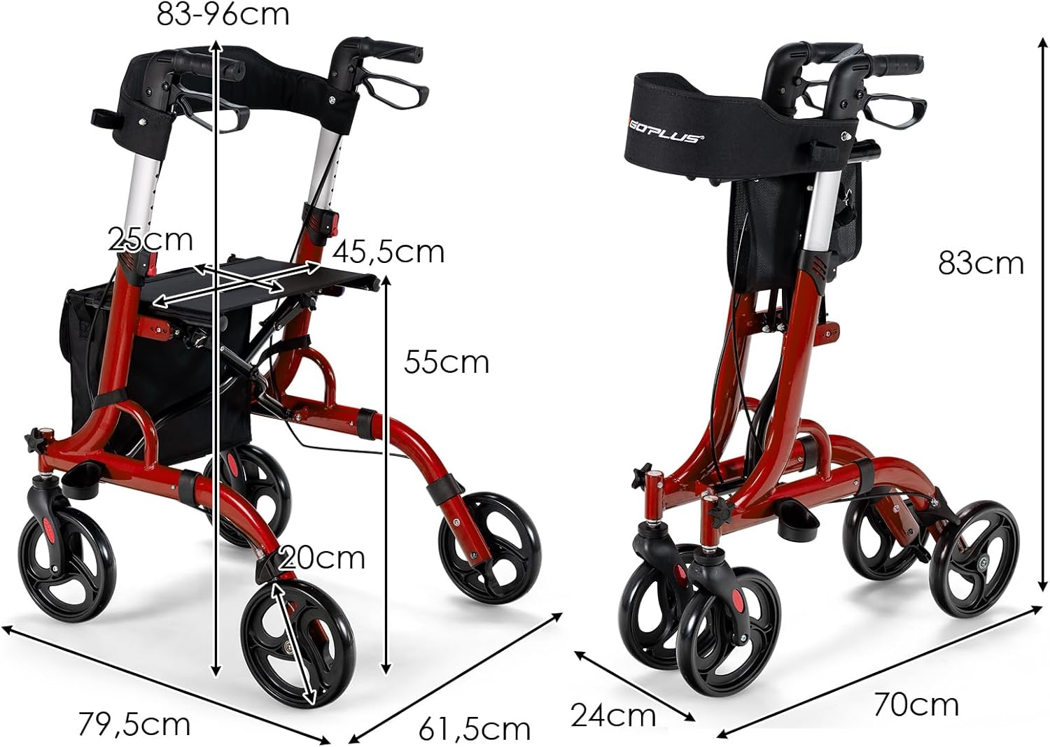 Deambulatore con Seduta 2 in 1, Rollator Pieghevole, Deambulatore per Anziani con 4 Ruote, Maniglie Regolabili Freni, con Doppia Funzione Schienale Reversibile e Borsa Portaoggetti (Rosso)