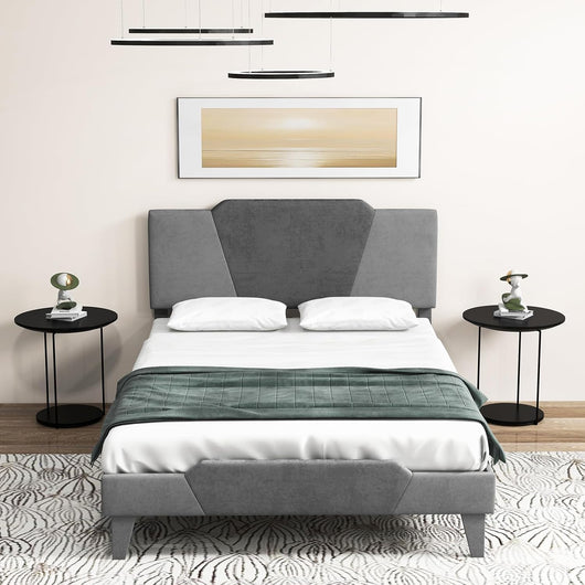 Letto con Struttura Imbottita in Velluto, Telaio da Letto con Doghe in Legno Massello e Testiera, 140 x 200 cm, Carico Massimo 500kg