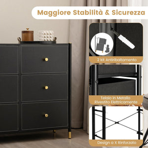 Cassettiera con 5/6/8 Cassetti, Comò in Tessuto con Struttura Metallica e Cassettone, Organizer da Terra Multiuso per Soggiorno Armadio Ingresso (6 Cassetti)