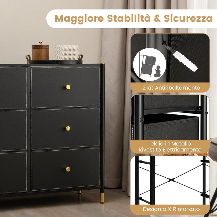 Cassettiera con 5/6/8 Cassetti, Comò in Tessuto con Struttura Metallica e Cassettone, Organizer da Terra Multiuso per Soggiorno Armadio Ingresso (6 Cassetti)