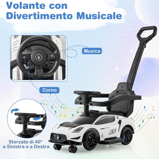 3 in 1 Maserati Auto da Spinta, Auto Scorrevole con 2 Ruote Universali Volante Musicale Paracolpi e Manubrio, Macchina Cavalcabile con Ripostiglio per Bambini 18-60 Mesi (Bianco)