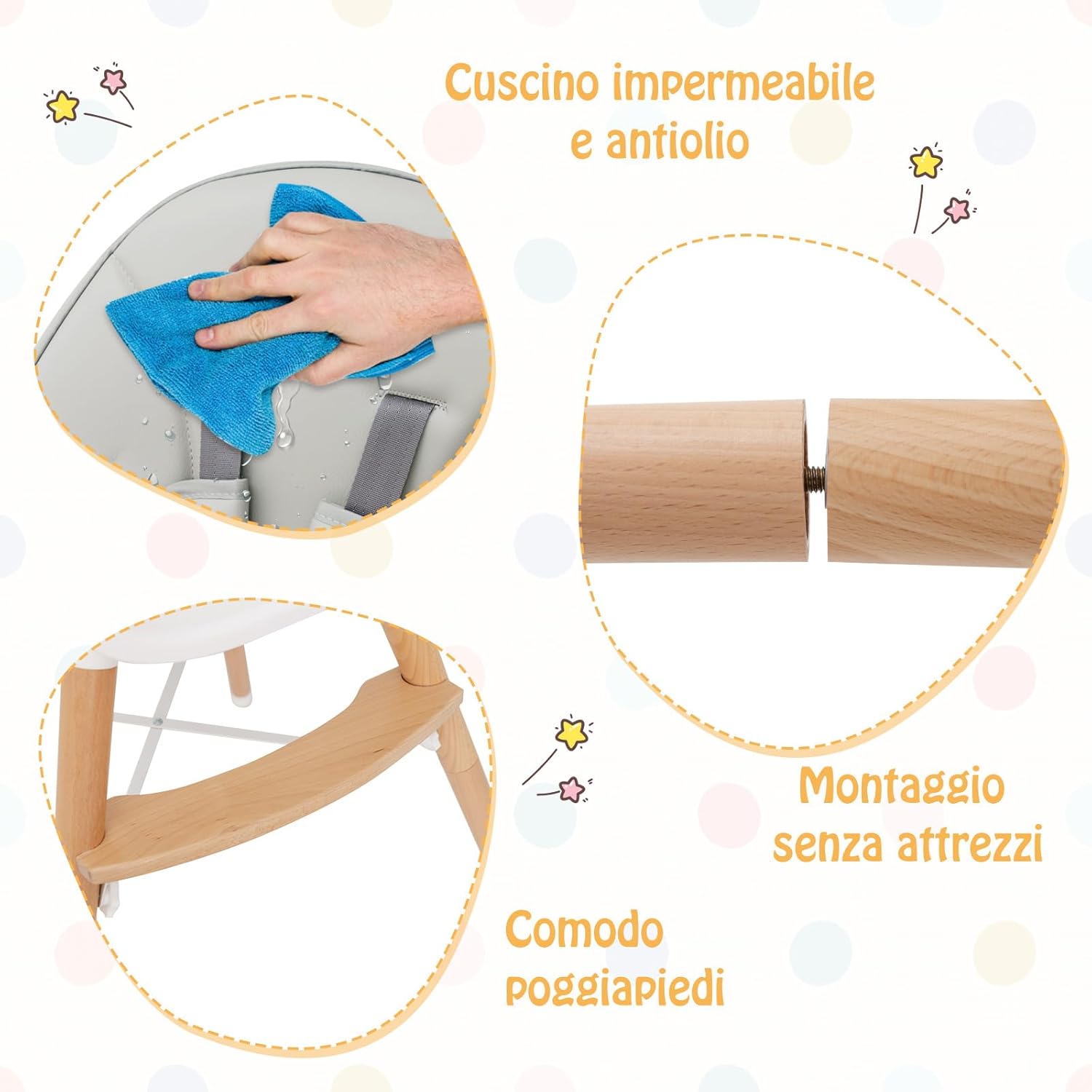 Seggiolone per Bambini con Vassoio Regolabile, Seggiolone in Legno con Cuscino per Seduta Rimovibile, Gambe Staccabile (Grigio)