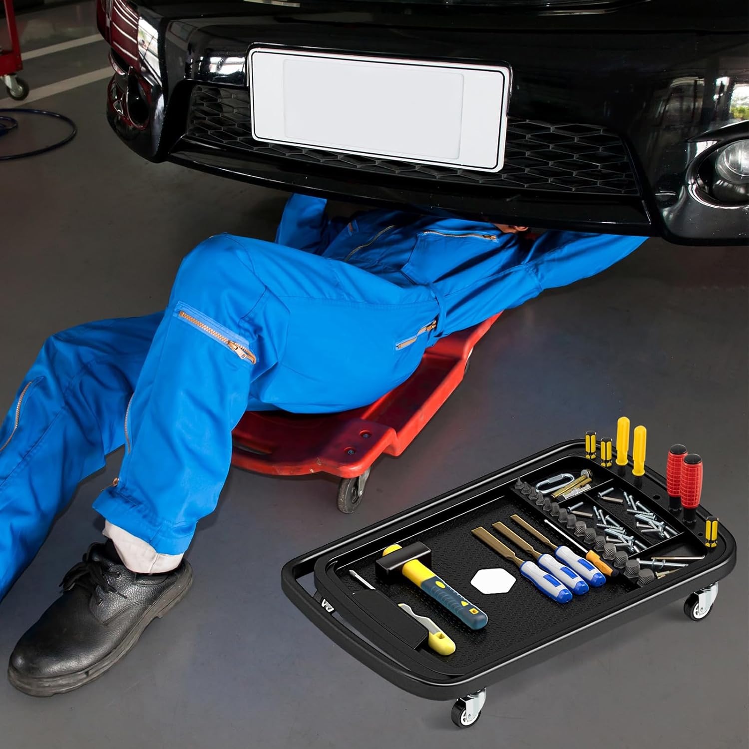 Vassoio Organizer per Attrezzi 2-in-1 con 4 Ruote, Carrello Porta Attrezzi Regolabile in Altezza con Vassoio, Carrello per Attrezzi da Meccanico Portatile per Garage e Officina, Nero