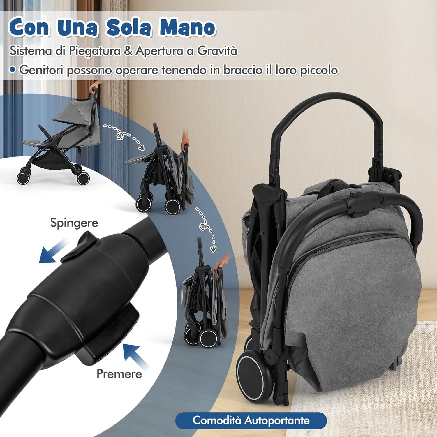 Passeggino Leggero per Bambini, Passeggino da Viaggio con Schienale Regolabile, Passeggino Portatile per Bambini con Schienale Reclinabile e Cappotta Regolabile, per Bambini 0-3 Anni (Grigio)