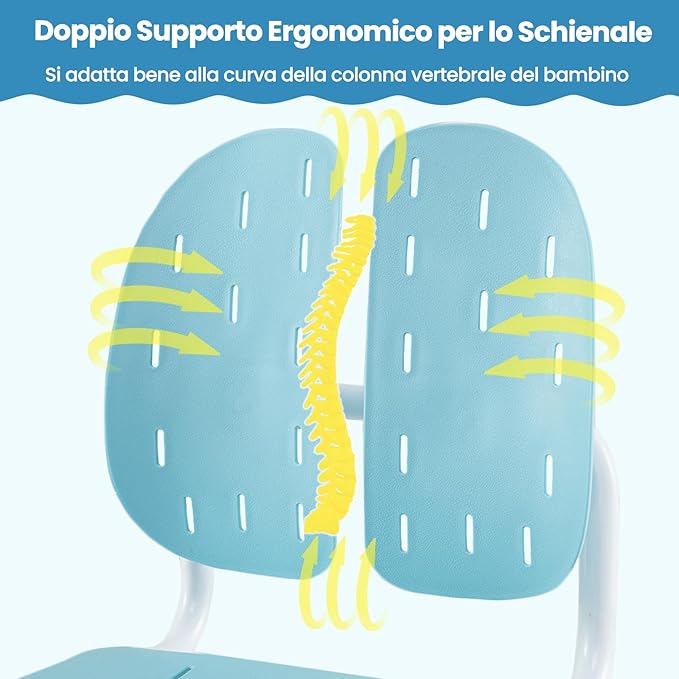 Sedia per Bambini 3+ Anni, Poltrona Ergonomica con Doppi Supporti Dorsali e Seduta Traspirante e Struttura in Metallo Resistente, Sedia Regolabile in Altezza per Camera da Letto (Blu)