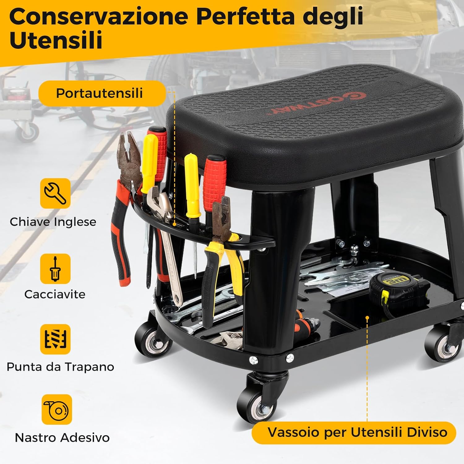 Sgabello da Officina con Ruote Universali e Vassoio Porta Attrezzi, Sgabello Meccanico con Maniglia Porta Utensili, Sedia da Garage con Sedile Rimovibile, Portata di 136 kg, 44 x 27 x 35 cm