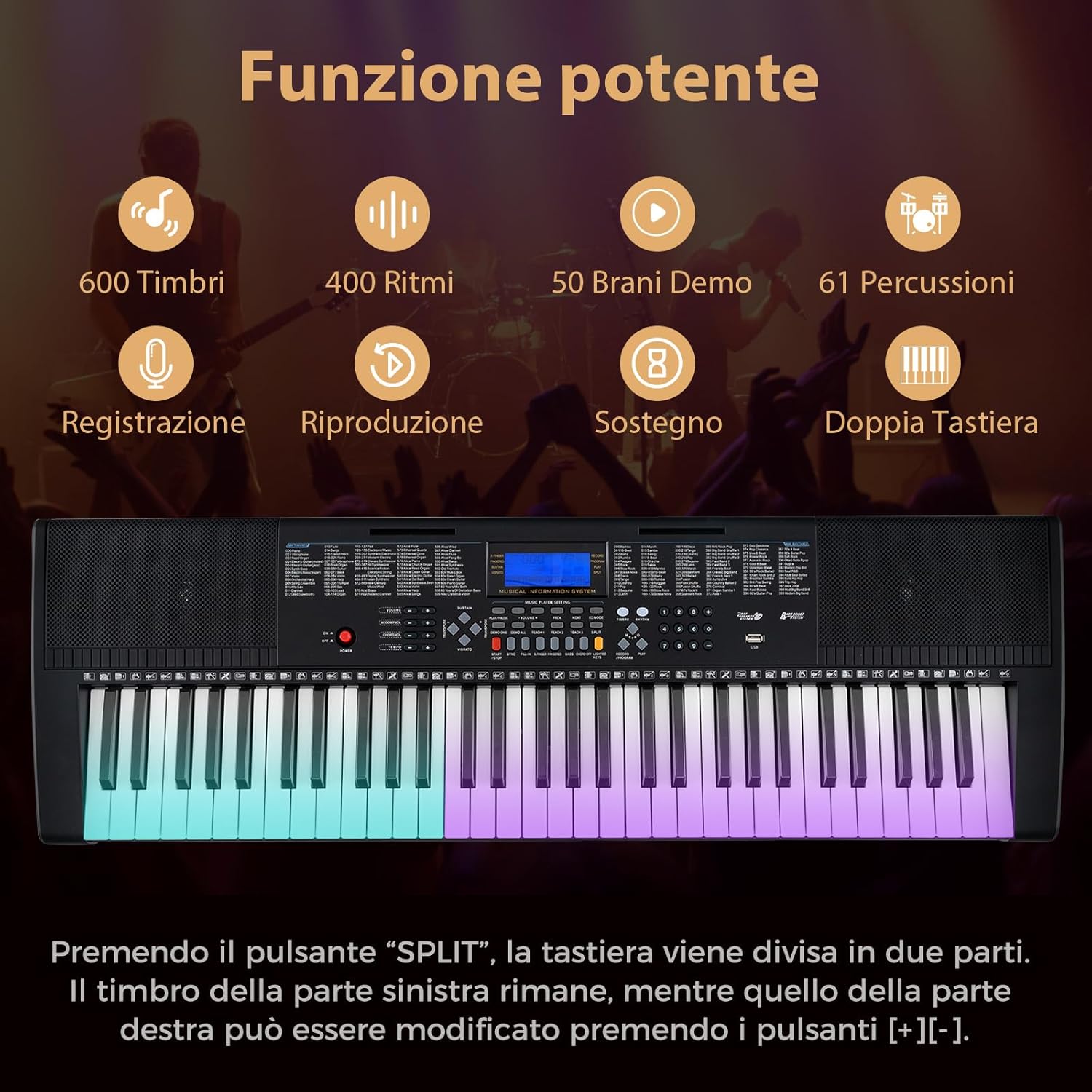 Set Pianoforte Elettronico Portatile a 61 Tasti, Pianoforte Digitale con 600 Timbri, 400 Ritmi, 50 Canzoni Demo, Pianoforte con Supporto e Sgabello, Tasti Luminosi, Microfono, Cuffie