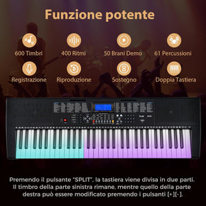 Set Pianoforte Elettronico Portatile a 61 Tasti, Pianoforte Digitale con 600 Timbri, 400 Ritmi, 50 Canzoni Demo, Pianoforte con Supporto e Sgabello, Tasti Luminosi, Microfono, Cuffie