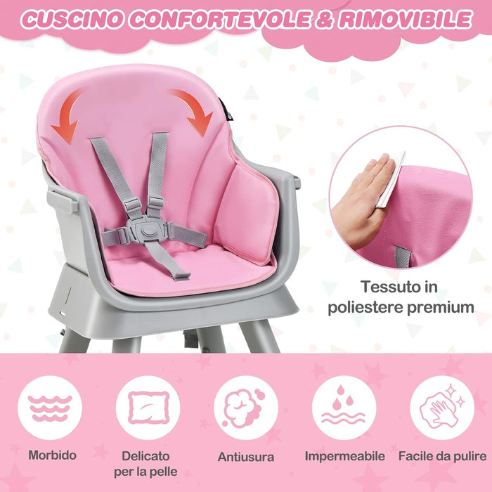 Seggiolone Pappa per Bambini 6 in 1, Seggiolone per Neonati Convertibile, Tavolo per Costruzioni per Bambini, con Imbracatura a 5 Punti, per Bambini da 6 Mesi fino 3 Anni (Rosa)