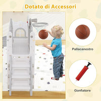 Scivolo per Bambini 9 in 1, Set da Gioco con Canestro da Basket, Telescopio, Volante, Corridoio, Tunnel e Spazio di Archiviazione, Scivolo da Interno ed Esterno per 1+ Anni (Grigio+Bianco)