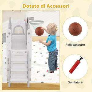 Scivolo per Bambini 9 in 1, Set da Gioco con Canestro da Basket, Telescopio, Volante, Corridoio, Tunnel e Spazio di Archiviazione, Scivolo da Interno ed Esterno per 1+ Anni (Grigio+Bianco)