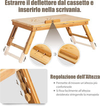 Vassoio per Laptop con Gambe Regolabili e Piano di Dissipazione Termica Inclinabile, Tavolino da Letto Pieghevole con Cassetto Portaoggetti per Leggere, Scrivere e Mangiare (Legno)