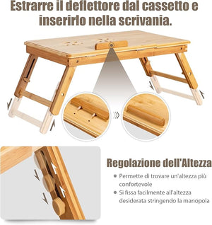 Vassoio per Laptop con Gambe Regolabili e Piano di Dissipazione Termica Inclinabile, Tavolino da Letto Pieghevole con Cassetto Portaoggetti per Leggere, Scrivere e Mangiare (Legno)
