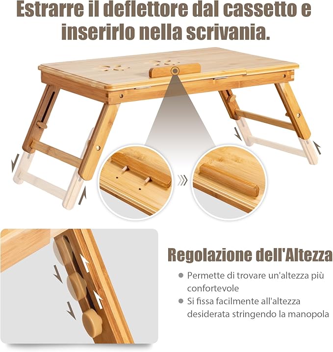 Vassoio per Laptop con Gambe Regolabili e Piano di Dissipazione Termica Inclinabile, Tavolino da Letto Pieghevole con Cassetto Portaoggetti per Leggere, Scrivere e Mangiare (Legno)