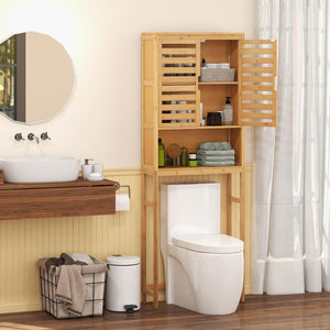 Scaffale Bagno in Bambù 170cm sopra WC, Mobile Bagno Salvaspazio con 2 Porte e Mensola Aoerta, Organizzatore sopra Gabinetto per Lavanderia, Naturale