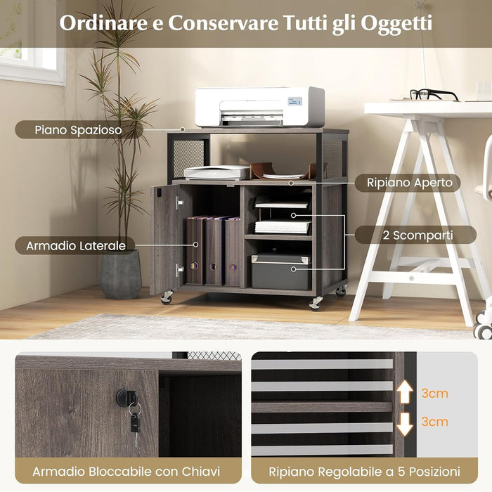 Armadietto per Archivio con Ruote, Mobile Per Documenti con 2 Scomparti, Ripiani Regolabili, Interfaccia USB e TYPE-C, per Soggiorno, Ufficio, Studio, 60 x 43,5 x 65,5 cm (Grigio)