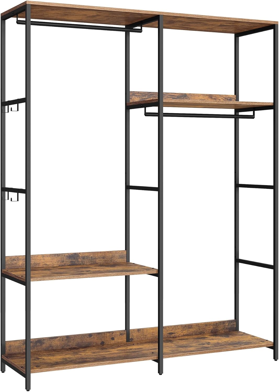 Guardaroba, Stand Appendiabiti, Armadio Aperto con Aste per Appendere, Ripiani Portaoggetti, Ganci Rimovibili, 118 x 40 x 181 cm, Marrone Vintage RGR025B01