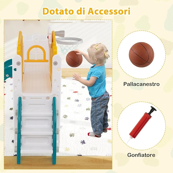 Scivolo per Bambini 9 in 1, Set da Gioco con Canestro da Basket, Telescopio, Volante, Corridoio, Tunnel e Spazio di Archiviazione, Scivolo da Interno ed Esterno per 1+ Anni (Giallo+Verde)