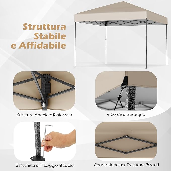 Gazebo Pop-up da Esterno 295 x 295 cm, Gazebo Pieghevole con Borsa da Trasporto, 8 Picchetti, 4 Corde Antivento, 3 Altezze Regolabili, Ideale per Feste, Barbecue, Giardino, Spiaggia (Beige)