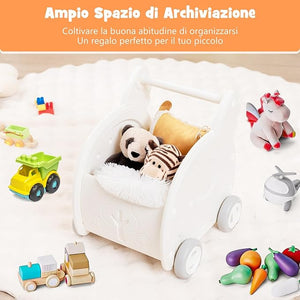 Girello per Bambini, Carrello a Spinta con Contenitore, Primi Passi con 4 Ruote, Maniglia e Spazio di Stoccaggio, per Bambini 3+Anni