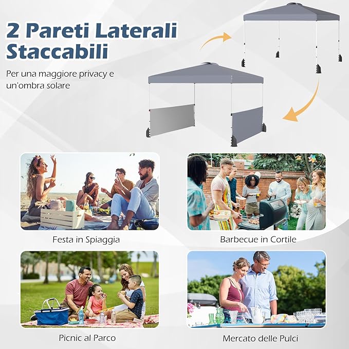 Gazebo Pieghevole 3 x 3 m da Esterno Impermeabile, Gazebo da Esterno con Borsa da Trasporto con Ruote, Tenda Pop-up Regolabile in Altezza per Giardino, Spiaggia, Feste e Barbecue (Grigio)