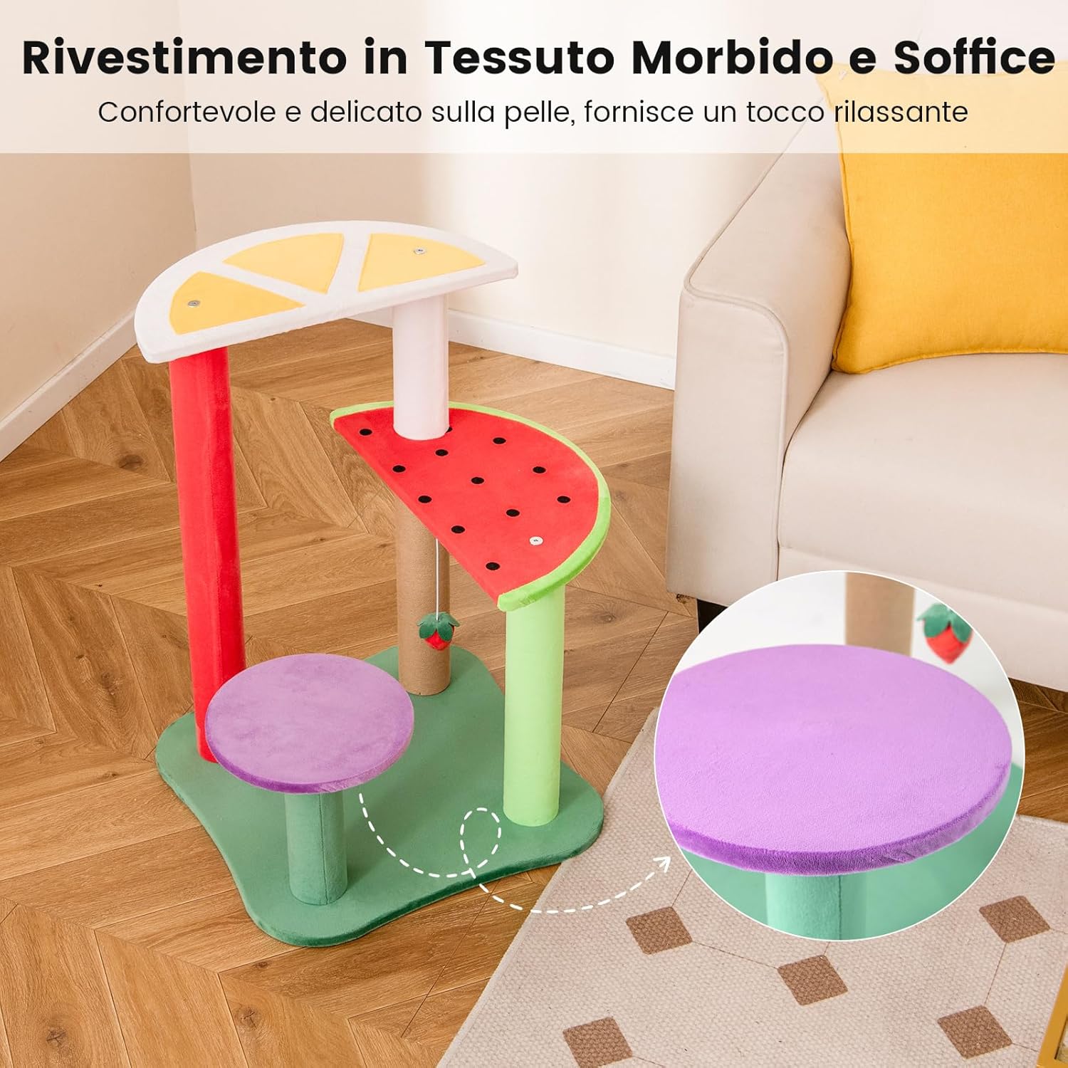 Tiragraffi per Gatti a Forma di Frutta, Albero Moderno per Animali Domestici Multilivello con Piattaforme, Palla di Fragola Pendente e Tiragraffi per Gatti