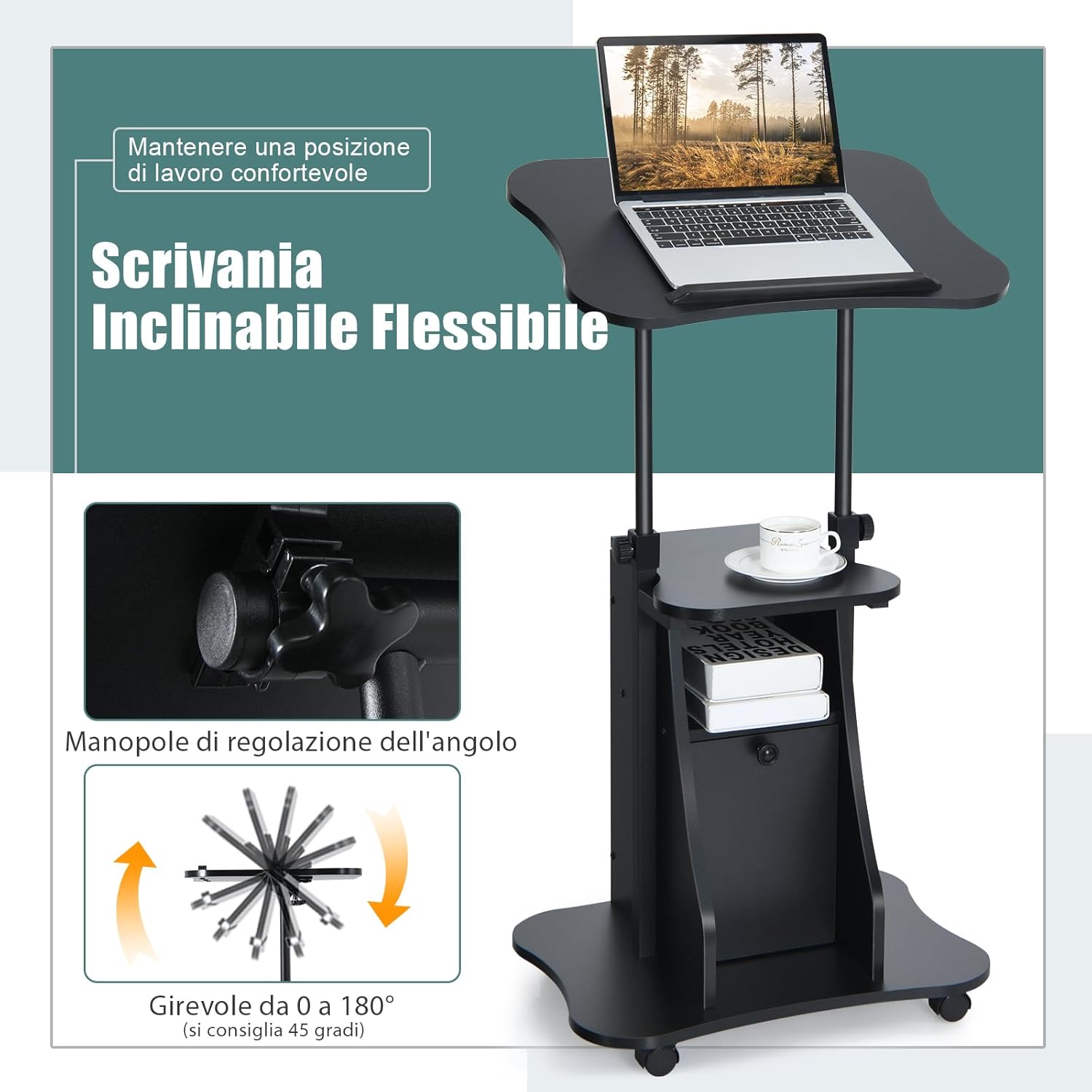 Scrivania Regolabile in Altezza con Ruote, Standing Desk Mobile con Piano Inclinabile e Scomparti, Scrivania per Laptop Ergonomica con Rotelle per Ufficio e Casa, Nera
