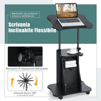 Scrivania Regolabile in Altezza con Ruote, Standing Desk Mobile con Piano Inclinabile e Scomparti, Scrivania per Laptop Ergonomica con Rotelle per Ufficio e Casa, Nera