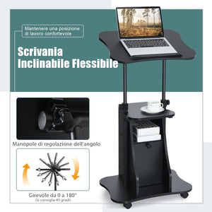 Scrivania Regolabile in Altezza con Ruote, Standing Desk Mobile con Piano Inclinabile e Scomparti, Scrivania per Laptop Ergonomica con Rotelle per Ufficio e Casa, Nera